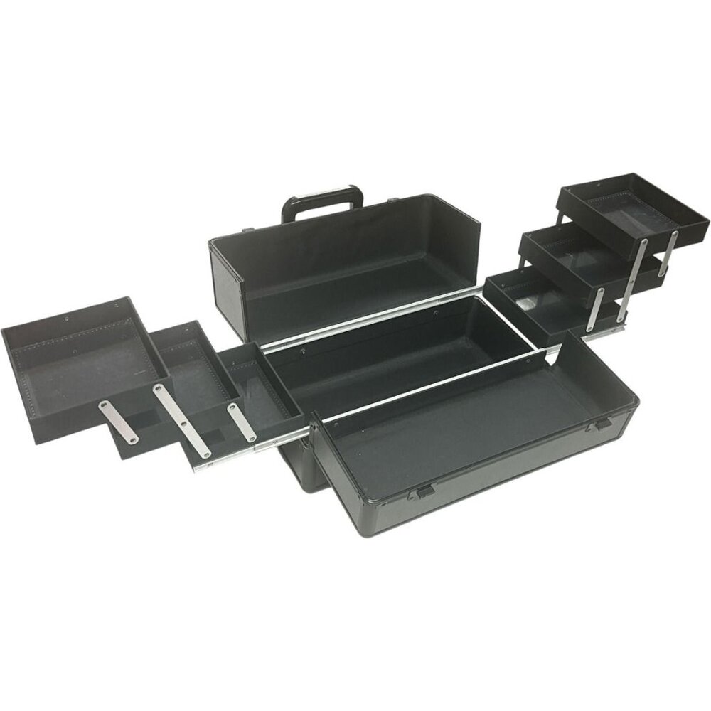 Black Matte 6-Tier Accordion Makeup Train Case Easy Slide Drawers Professional